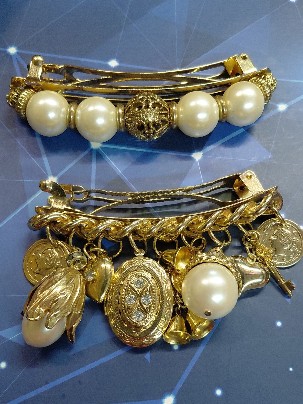 Made In France Gold Pearl Charm Barrette Set - Elegant Women’s Hair Clips